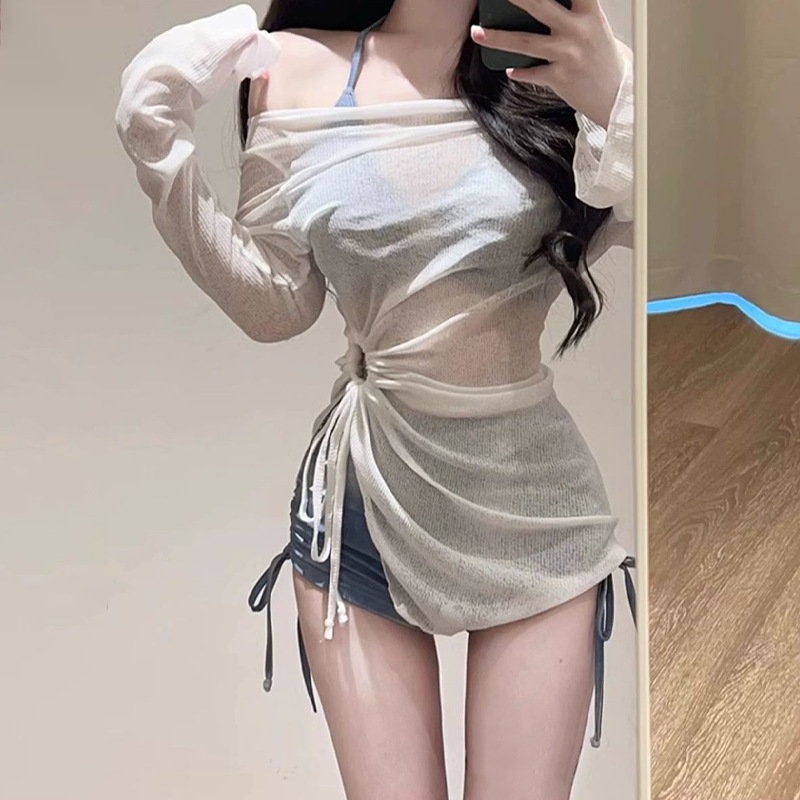 女性用水着 スプリットタイダイ ブルー ボクサービキニ カバーアップ 3点セット ピュア セクシー スリミング コンサバ リゾート|undefined