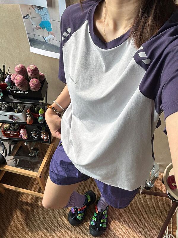 撞色户外速干衣短袖女士小众设计感夏季插肩袖t恤运动羽毛球服|undefined