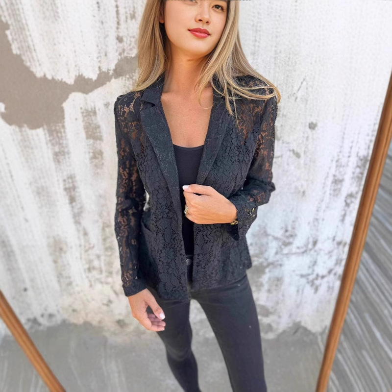 2025 Spring and Summer Cross-Border Amazon European and American Clothing New Fashion Casual Style Solid Color Lace Shirt Suit for Women