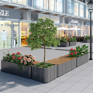 Outdoor Stainless Steel Flower Box Bench Set Sales Office Rest Seat Street Square Anti-Corrosion Wood Bench Trendy Model
