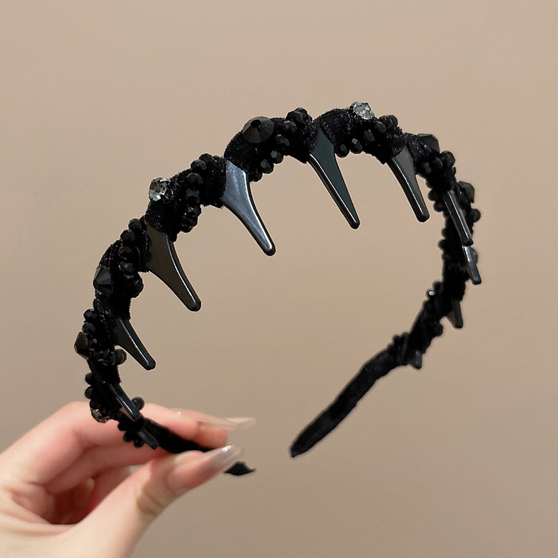 Dulce malla de perlas negras onduladas bandas de cabello para mujeres de alto nivel de sensación de cabello flojo raíz clip de cabello alto cráneo cara pequeña bandas de cabeza