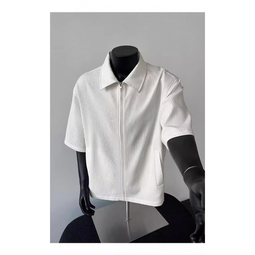 Summer New Textured Short-Sleeve Shirt for Men: American-Style Minimalist, Comfortable, Versatile T-Shirt with Vintage Lapel Design
