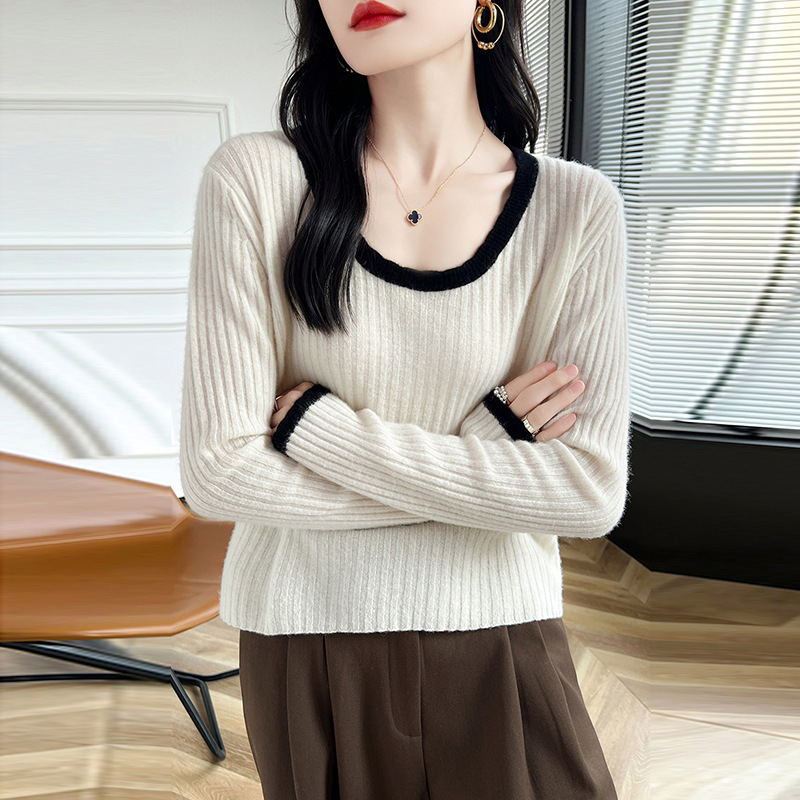 Lace Crewneck Color-matching 100 Pure Woolen Sweater Women's Autumn and Winter Pit Long Sleeve Knitted Sweater Loose Woolen Sweater Base
