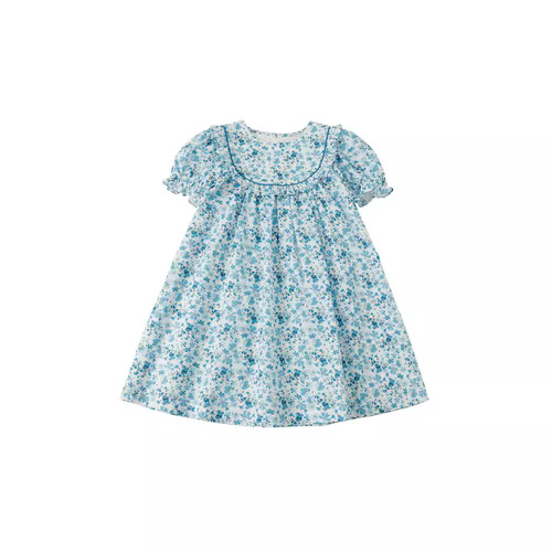 Girl's Spring and Summer New Blue Floral Dress with Korean Style Round Neck Sweet Bouquet Sleeve Princess Dress