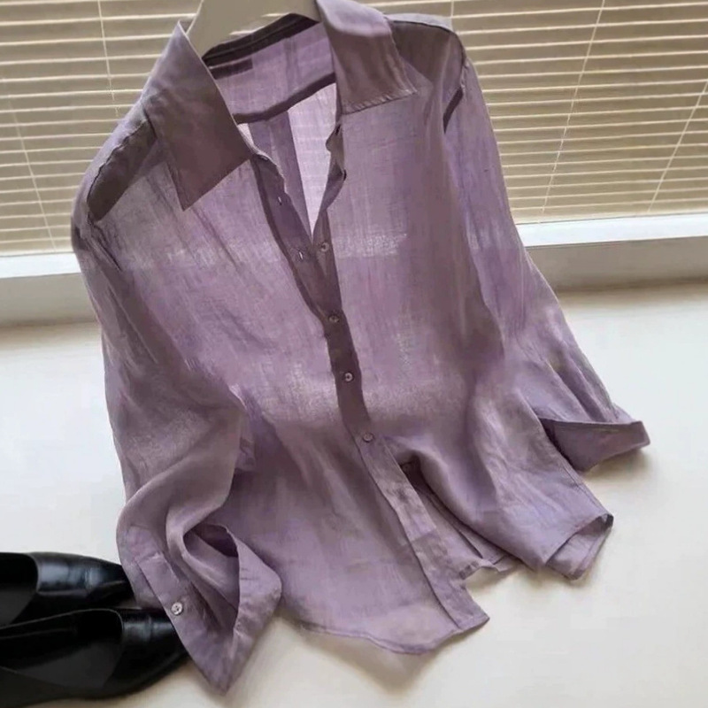 Highly Recommended Purple Lightweight Ramie Long-Sleeve Shirt for Women, Summer Old Money Style, Simple Loose Sun-Protective Top