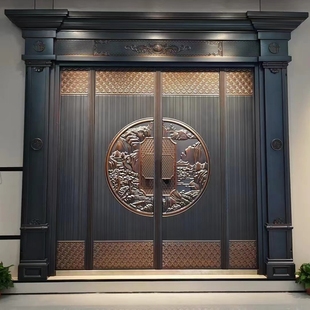 New Self-Built House Zinc Alloy Imitation Copper Entrance Door Villa Door Explosion-Proof Cast Aluminum Rural Country Double Door Customization