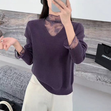 韩系蕾丝拼接假两件V领针织衫女2025秋冬新款百搭减龄打底衫上衣