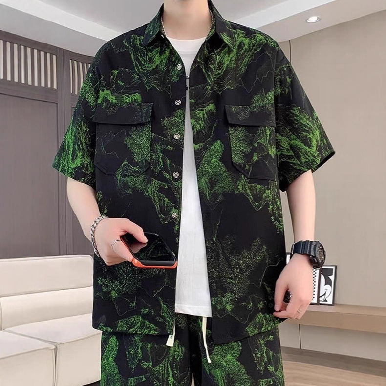8XL 150kg Casual Men's Short Sleeve Shirt Set Summer Trend Loose Camouflage Shirt Hong Kong Style Two Pockets