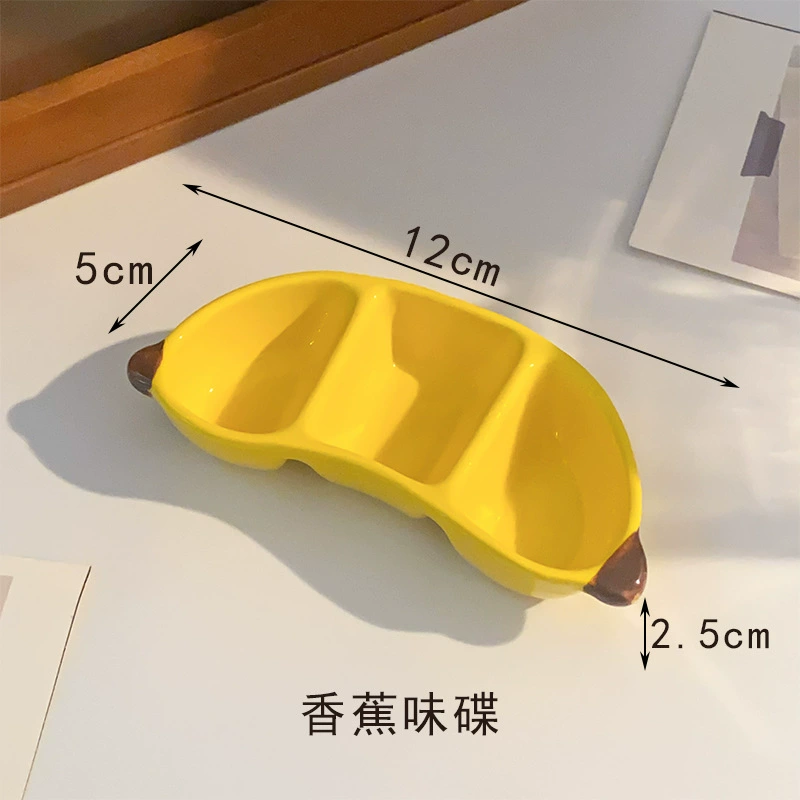 Ceramic fruit‑shaped snack plates, mini compartment dishes (apple, pear, banana)