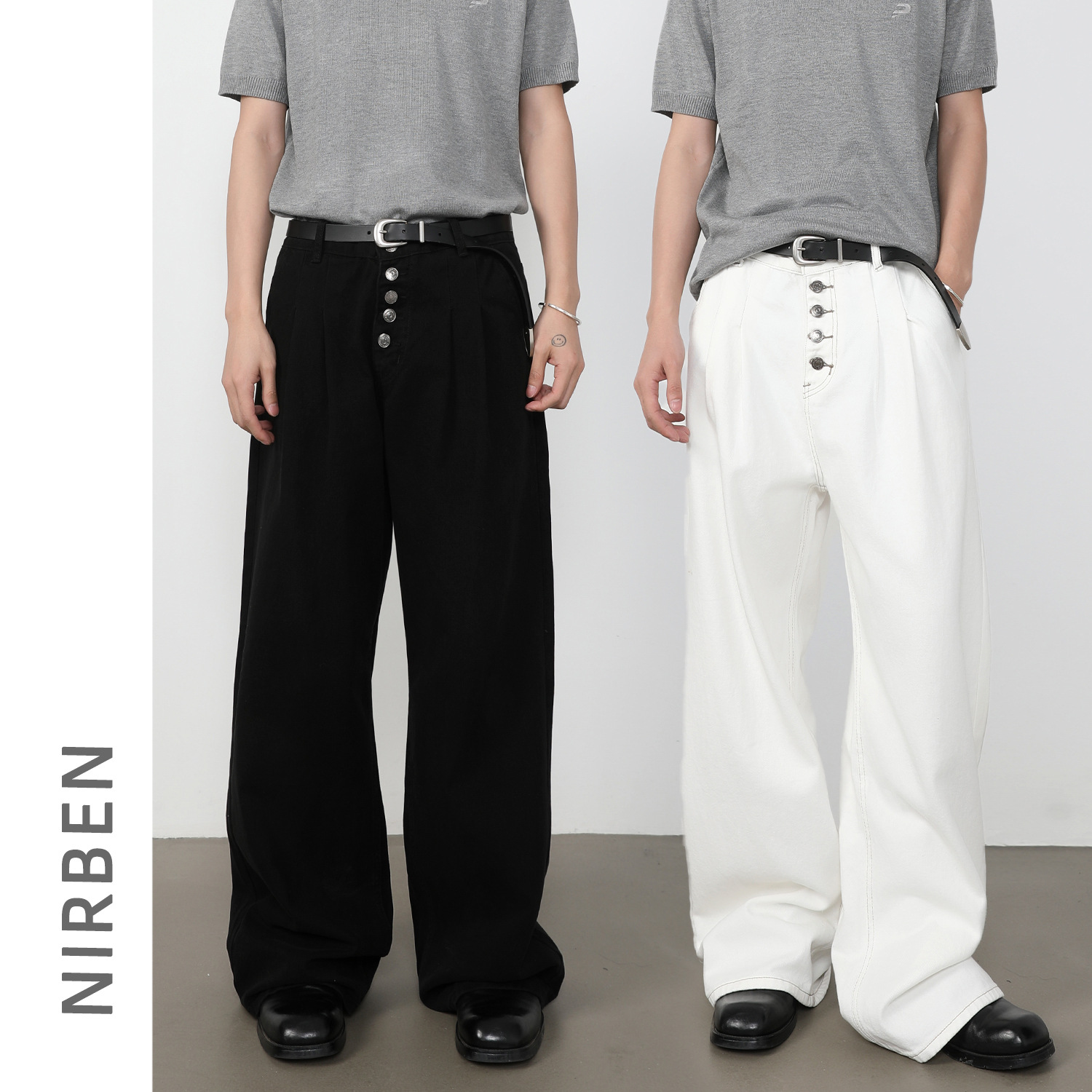 nirben牛仔|美式复古直筒牛仔裤男双褶排扣设计宽松百搭阔腿长裤