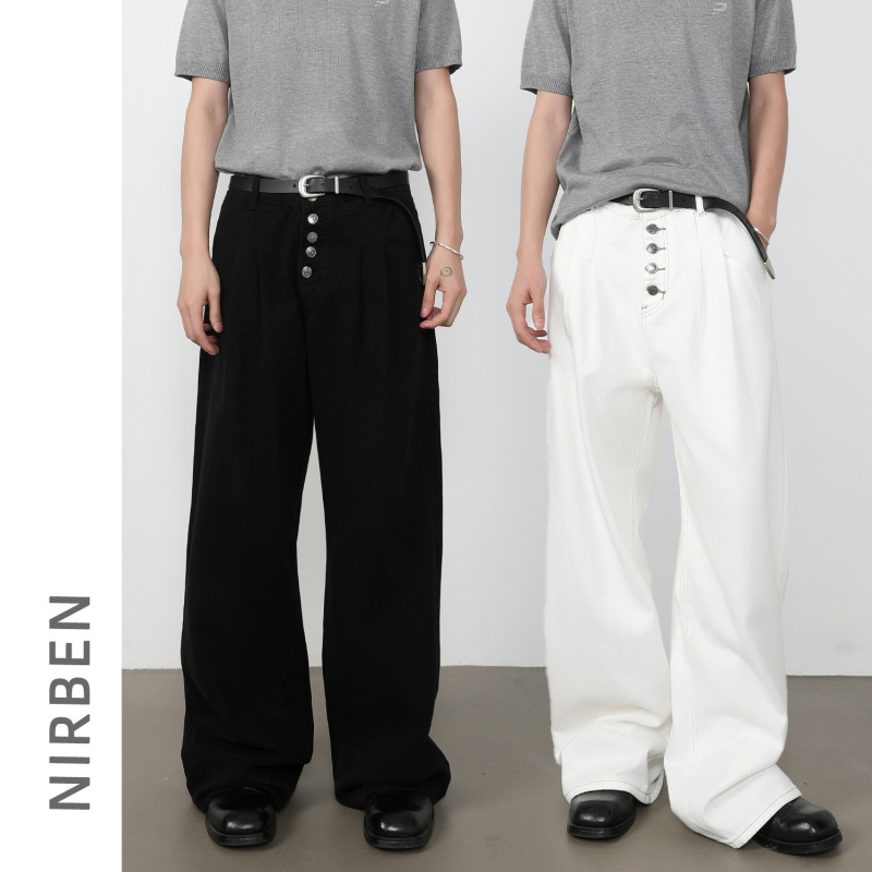 Nirben Denim | American Retro Straight-Leg Jeans for Men with Double Pleats and Button Design, Loose and Versatile Wide-Leg Trousers.
