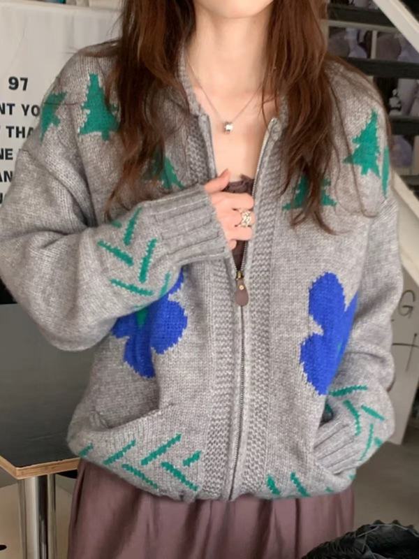韩系慵懒风提花设计针织开衫女新款翻领减龄百搭外穿毛衣减龄外套|undefined
