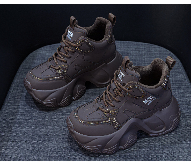 Giày sneaker nữ đế dày chunky tăng chiều cao ẩn dây buộc thời trang — M2983 lớp lót đơn màu nâu, M2983-1 plus nâu nhung, M2983-1 plus nhung xám, M2983 lớp lót đơn màu xám chi tiết 28