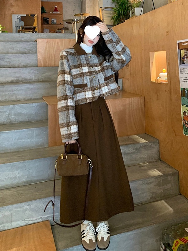 秋冬季复古两件套加厚毛呢高个子套装短外套女百褶长裙时尚套装裙|undefined