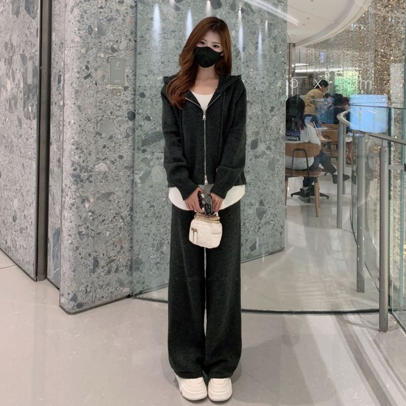 2025新款春秋季休闲时尚假两件开衫连帽卫衣宽松显瘦阔腿裤两件套|undefined