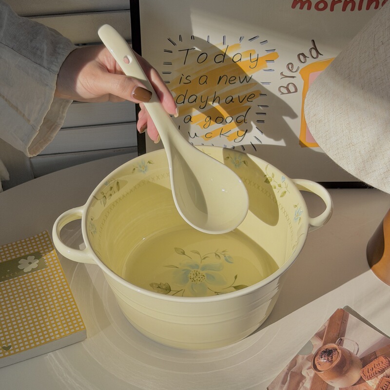 Green Orchid Cream-Colored Ceramic Double-Handle Soup Bowl, Large Household Bowl and Spoon Set, High Aesthetic Value, Large Capacity, Heat-Resistant Green Orchid Cream-Colored Ceramic Double-Handle Soup Bowl, Large Household Bowl and Spoon Set, High Aesthetic Value, Large Capacity, Heat-Resistant