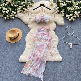 欧美感度假套装女气质立体花朵抹胸挂脖吊带背心+开叉飘带半身裙