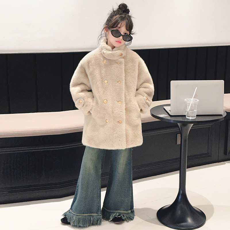 소녀의 모조 모피 잔디 토끼 밍크 양털 코트 가을과 겨울 소녀의 세련된 따뜻한 모피 하나의 긴 한국 스타일 코트