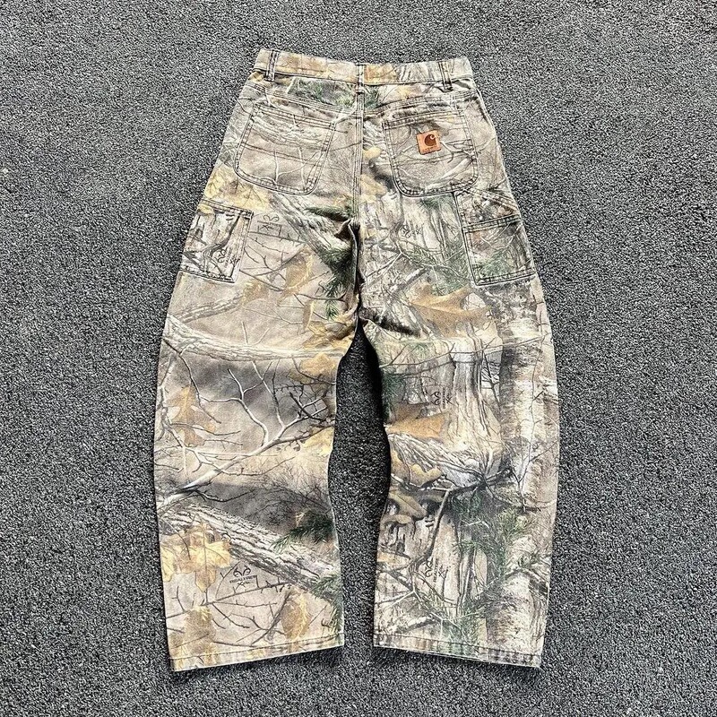 Cross-border Y2K Harajuku Camouflage Print Washed Jeans for Men, Straight Loose Pants, Street Style Hip-Hop Jeans