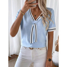S 26736 V-neck ribbon short sleeve knit top V ��Ʈ��������֯