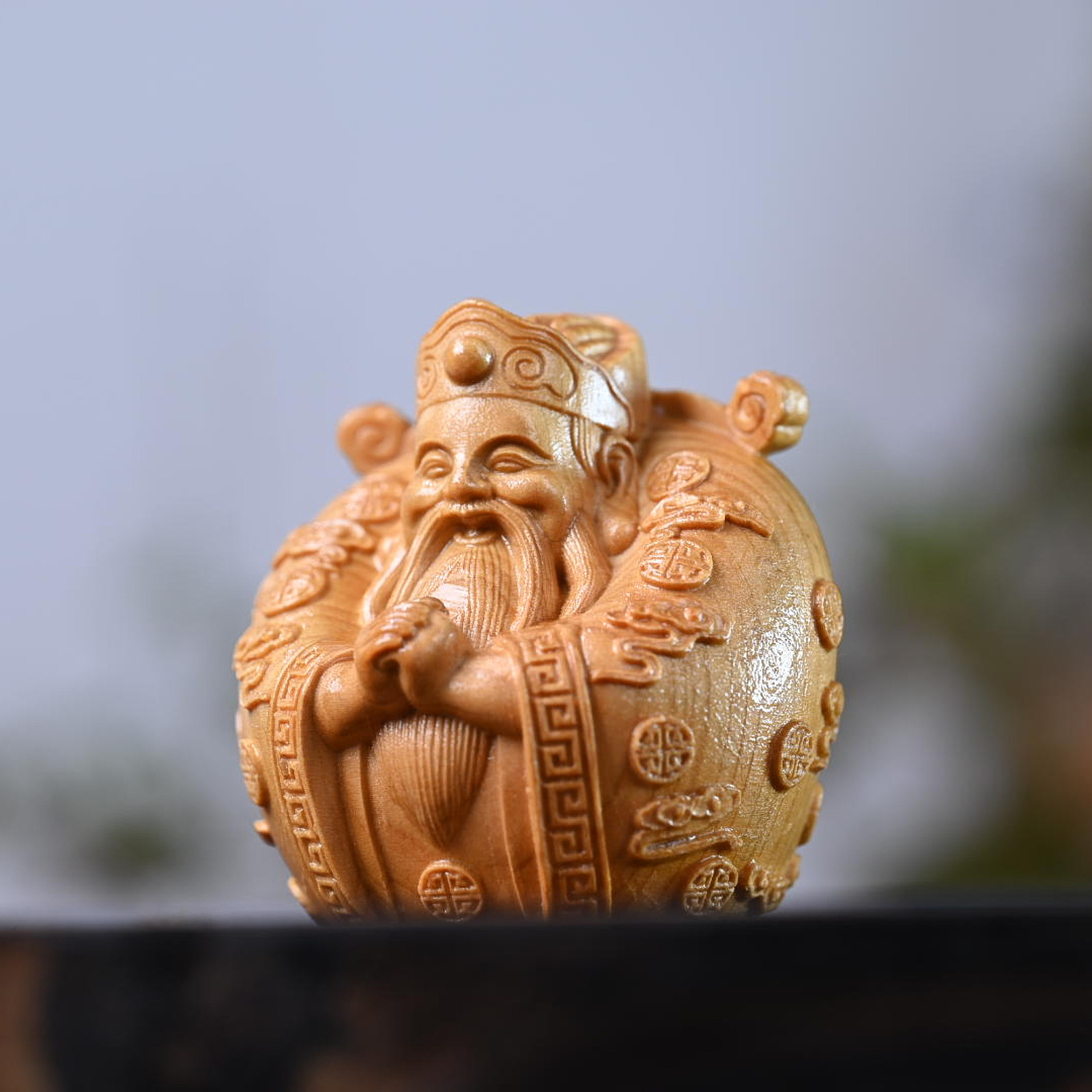 崖柏黃楊木恭喜發財木雕圓財神胖財神手把件實木文財神汽車擺件工