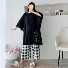 甜美睡衣女加大码短袖T恤七分裤套装夏季胖MM宽松睡衣夏天家居服
