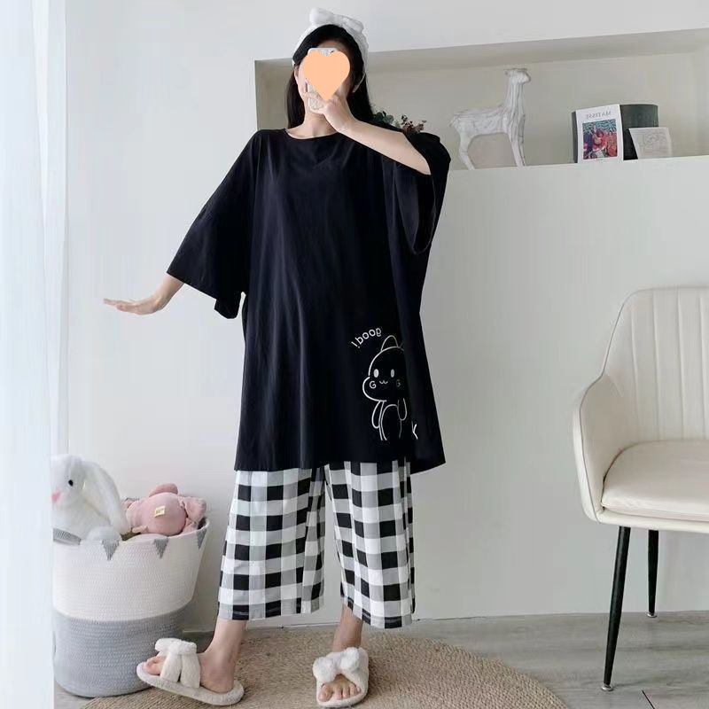 甜美睡衣女加大码短袖T恤七分裤套装夏季胖MM宽松睡衣夏天家居服