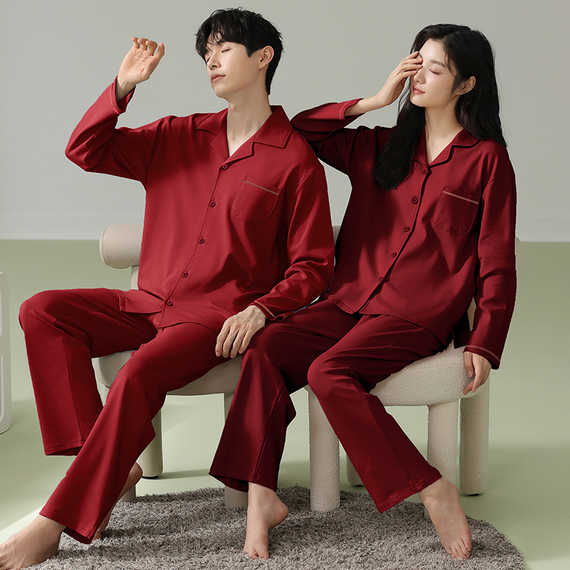 Red Wedding Couple Pajamas Women's Spring and Autumn Pure Cotton Long Sleeve Newlywed Men's Simple Cardigan Home Clothes suit Red Wedding Couple Pajamas Women's Spring and Autumn Pure Cotton Long Sleeve Newlywed Men's Simple Cardigan Home Clothes suit