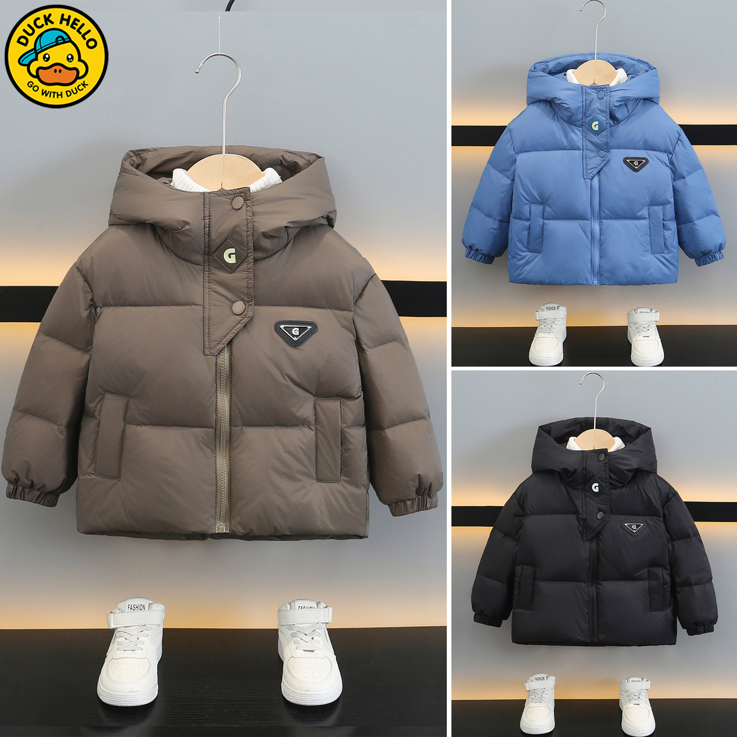 Children's Short down Jacket, Thickened, New Yellow Duck Design, for Older and Younger Children, Hooded, Warm Coat, Cross-Border Shipping