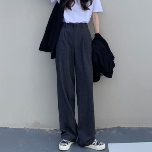 Women's 2025 High-Waisted Grey Suit Pants with Droopy Floor-Length Wide Leg Straight Loose Trousers