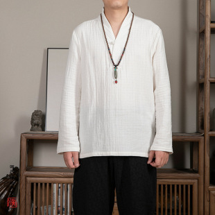 Chinese Style Men's Hanfu Men's V-neck Cotton Linen Long Sleeve Chinese Style Retro Top