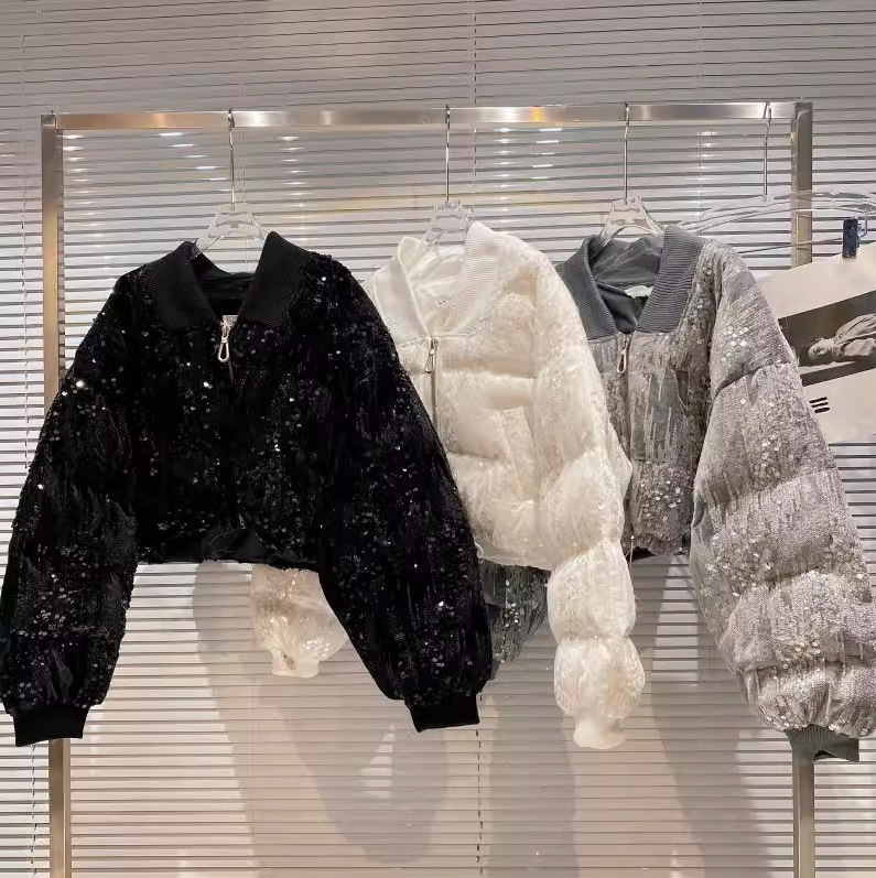 女童网红同款棉服2025冬季新款小香风丝绒面料渐变亮片短款夹克棉
