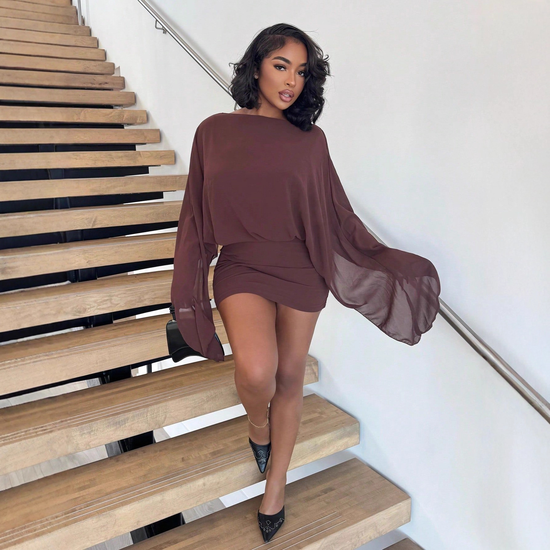 New Wine Red Off-Shoulder Cape Short Dress Women's Fashion Evening Dress Party Skirt Summer Elegant