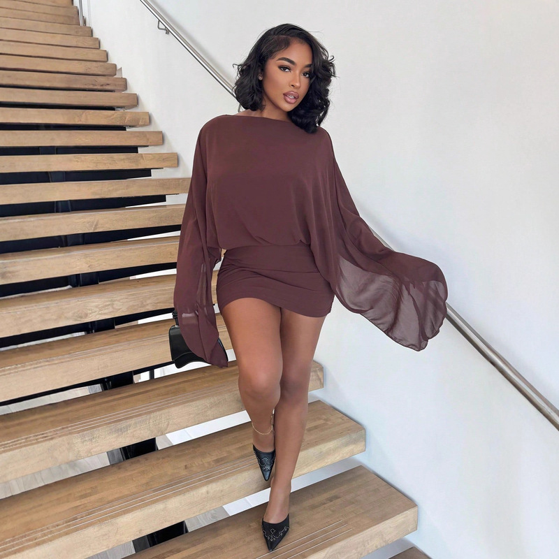 New Wine Red Off-Shoulder Cape Short Dress Women's Fashion Evening Dress Party Skirt Summer Elegant