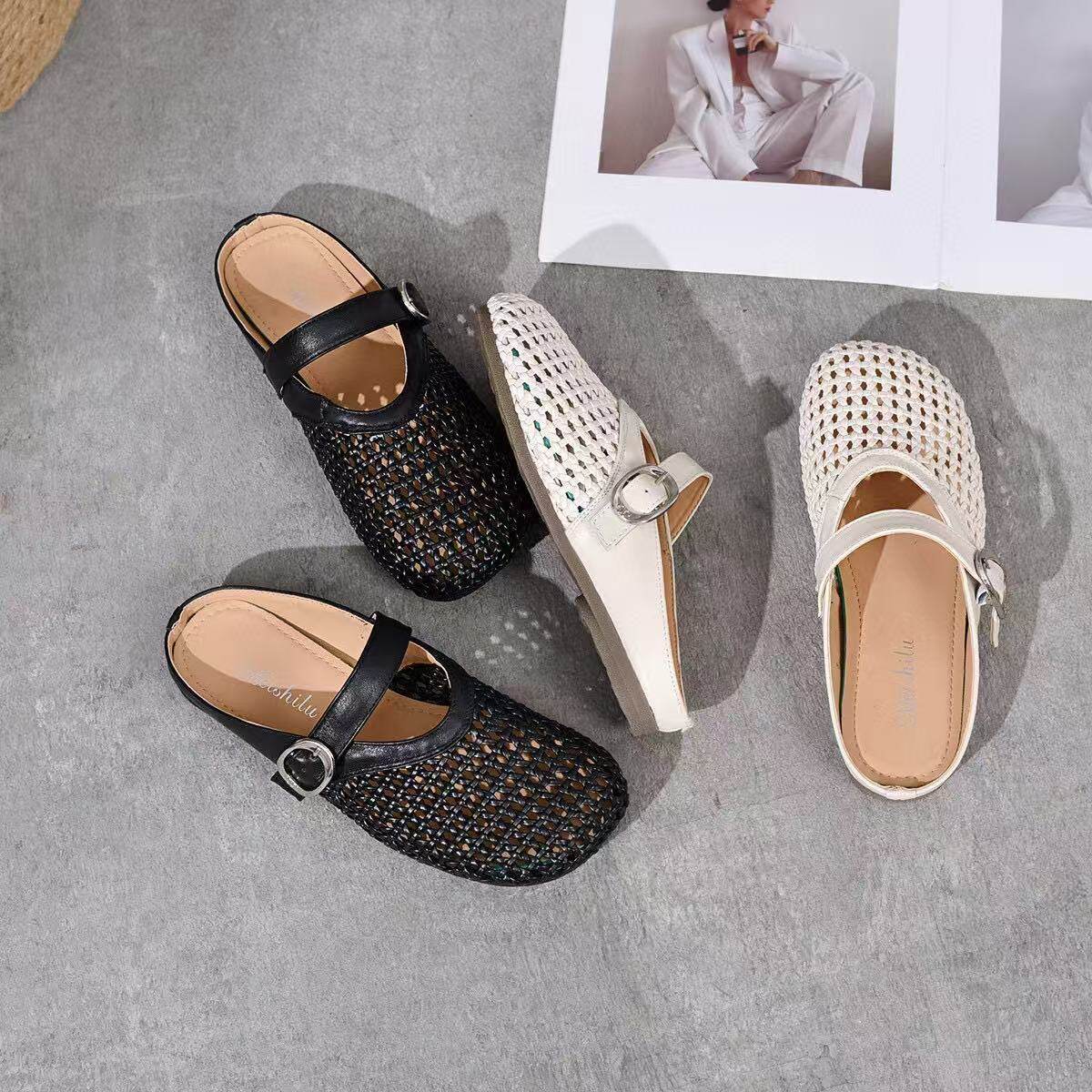 Dép sandal nữ da thật mũi tròn đan rỗng gót thấp chống trượt — màu be chi tiết 9
