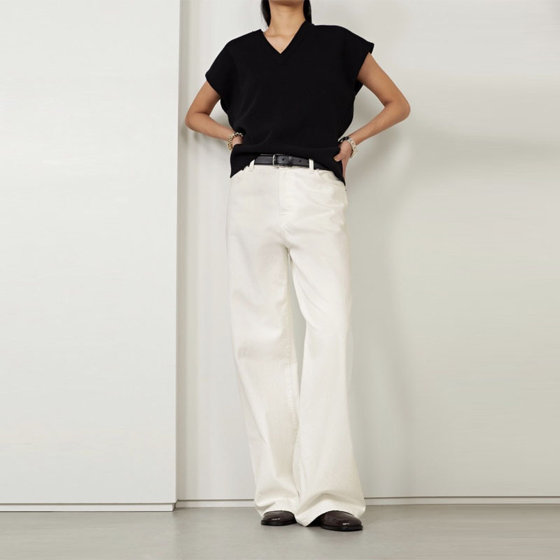 TH ~ ROW Cotton Spring and Autumn Wide Leg Pants Simple Wind High Waist Pants Slim White Jeans Women's Straight Pants