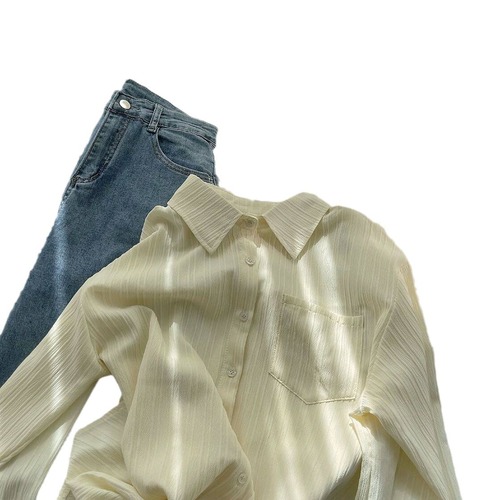 韩系设计纹理感净版长袖衬衫女春秋新款清新宽松防晒衣百搭上衣