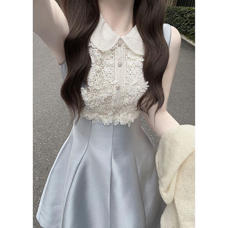 甜美系千金感娃娃领无袖连衣裙夏季新款蕾丝收腰字生日礼服裙|undefined