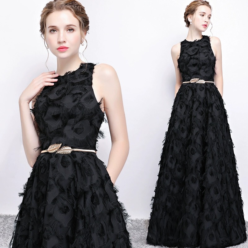 Black Banquet Evening Dress Women's 2025 New Long Sleeveless Elegant Party Dress Annual Party Performance Costume Feather