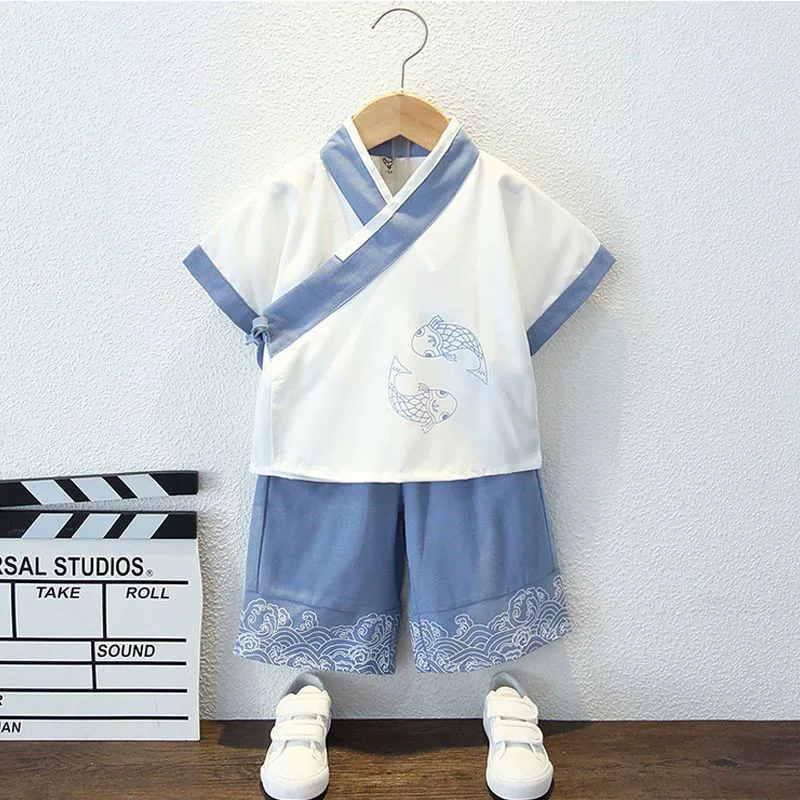 Летний тонкий детский костюм Ханфу в китайском стиле с короткими рукавами для мужчин и женщин, элегантный детский комплект из двух предметов в древнем китайском стиле