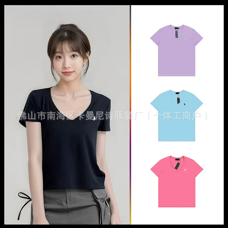 Лафлерен Женская одежда с V-образным вырезом с короткими рукавами тонкая дикая классическая хлопчатобумажная футболка повседневная минималистская вышивка для пони