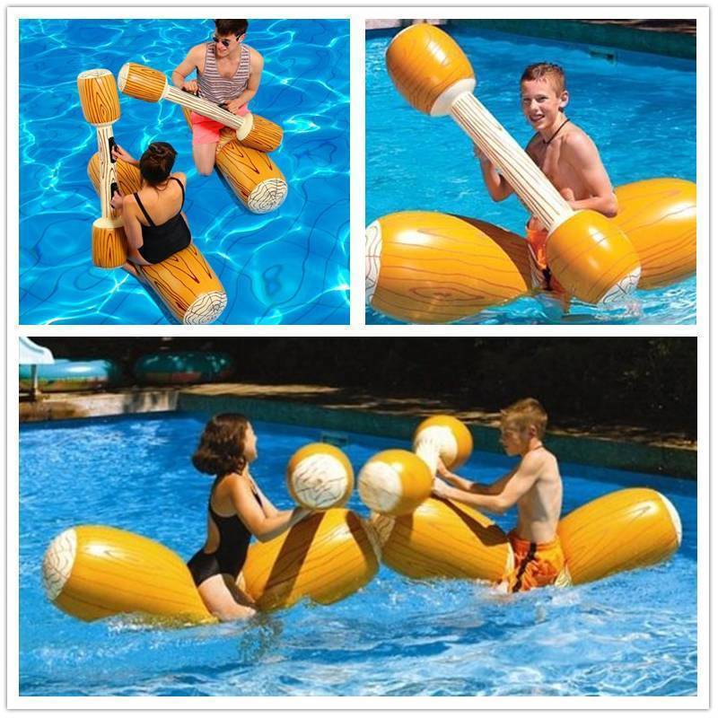 亞馬遜新款成人水上娛樂遊戲對對碰充氣雙人打擊棒木紋浮排坐棍