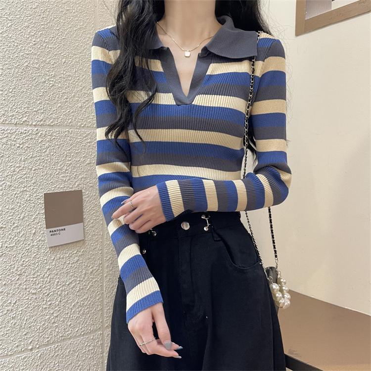 Autumn girls' versatile striped T-shirt, fashionable fairy top, slim-fit and very ethereal V-neck knitted base shirt Autumn girls' versatile striped T-shirt, fashionable fairy top, slim-fit and very ethereal V-neck knitted base shirt