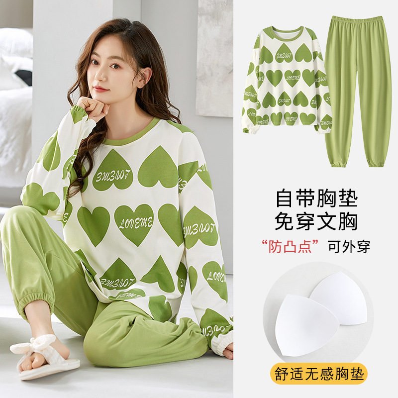 Pajamas with Chest Pad Women's Autumn and Winter Long Sleeve Cotton Korean Style Cartoon Cute Casual Outwear suit