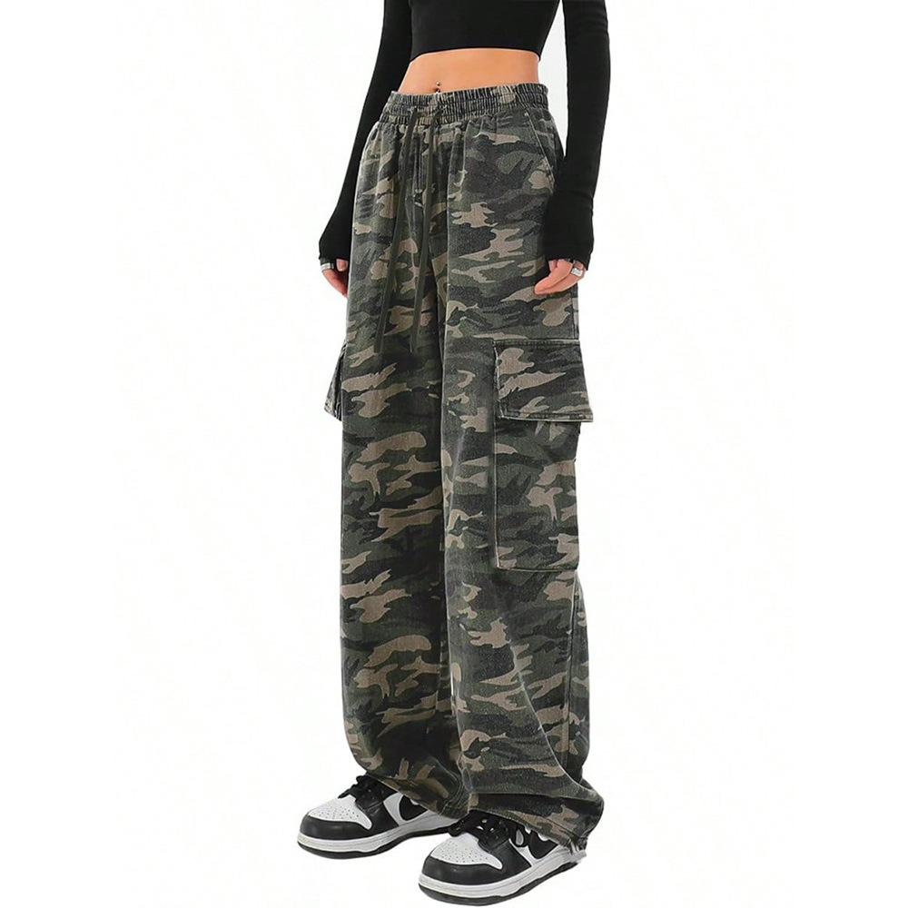 Cross-Border Foreign Trade Amazon American Multi-Pocket Camouflage Casual Pants for Women Loose Straight Design Wide-Leg Long Pants