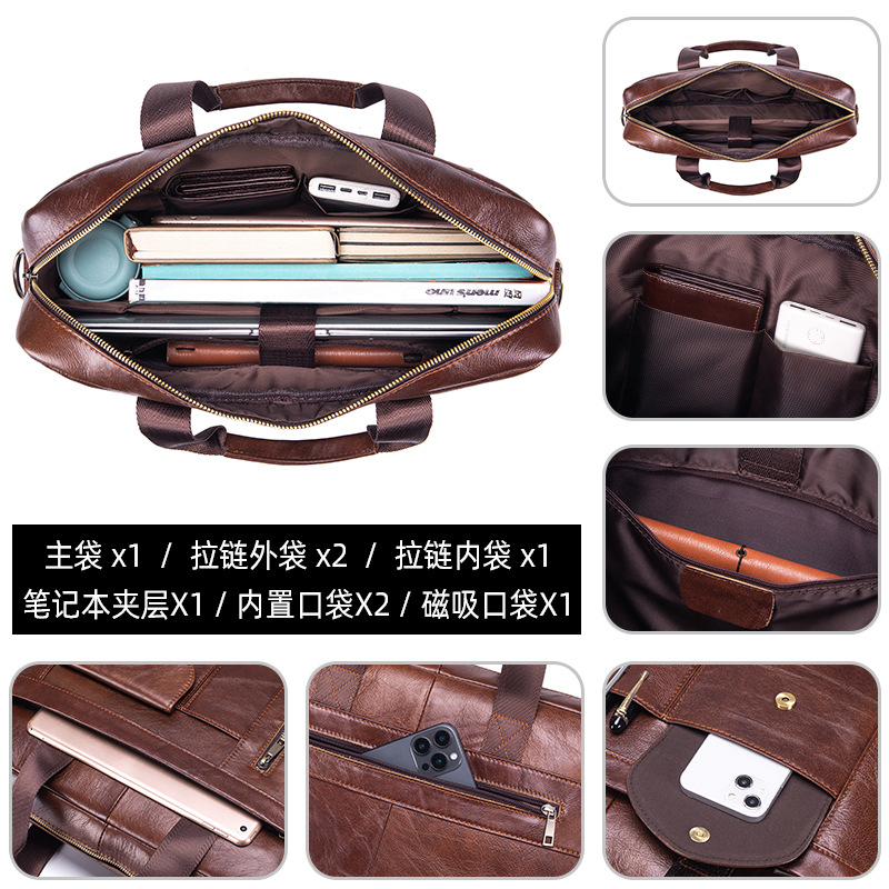 Cặp da bò thật công sở nam đựng laptop 15.6 inch, xách tay đeo vai — Nâu cà phê, Đen, Nâu nhạt