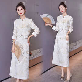 新中式国风套装女2024春秋新款高级感盘扣上衣设计感半身裙两件套