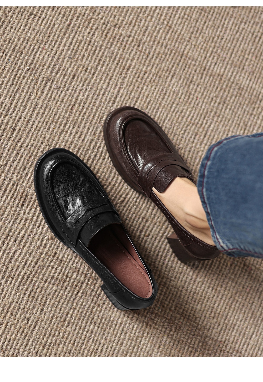 Giày cao gót nữ mũi tròn da dê gót vuông ổn định kiểu loafer — màu nâu chi tiết 1