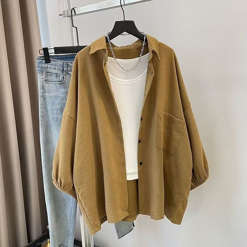 2025 Hong Kong Style Casual Plus Size Shirt Jacket for Spring and Autumn, Loose Fit, Slimming, New Lazy Style Outerwear Cardigan Shirt