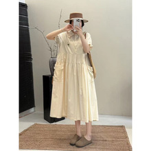 日系森女系甜美大口袋宽松翻领女纯色短袖连衣裙 夏季女裙批发